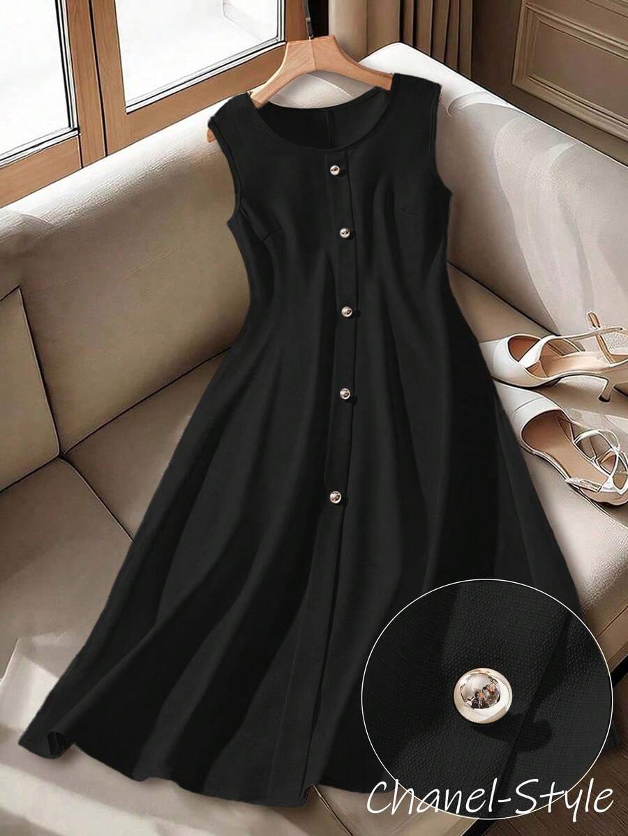 GlowEve CURVE Plus Size Women Solid Color Round Neck Sleeveless Elegant Slim Fit Work & Casual French Style Dress Black Sundress Women - Black - View 1