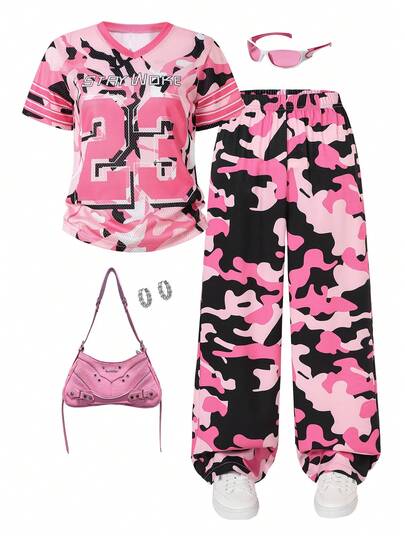 Sparklyn 2pcs/Set Girls Camo Casual Letter V-Neck Hockey Tee + Loose Camo Wide Leg Pants, Street Fashion Versatile