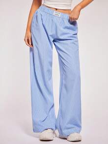 Radiana Women's Simple Fashion Casual Blue And White Striped Low Waist Wide Leg Pants, Striped Trousers, Low Waist Pants, Sweatpants, Casual Pants - Blue - View 6