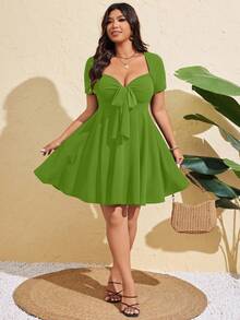 Sunspun Vestido ajustado de manga corta con lazo delantero sexy para mujer de talla grande, verano - Verde - Ver 6