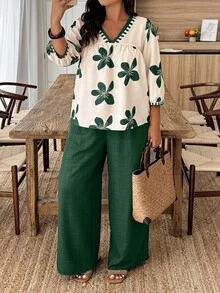 Weeklong Áo sơ mi tay dài cổ chữ V in hoa cỡ lớn dành cho nữ và quần ống rộng, trang phục thường ngày cho ngày thường, tiệc tùng, kỳ nghỉ - Màu xanh lá cây đậm - Xem 4
