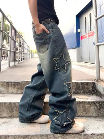 Street Life Men's Loose Fit Star Embroidered Denim Jeans
