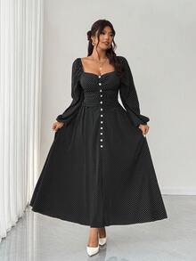 Elenzga Damen Große Größen Kleid mit Herzausschnitt, Polka Punkte, Einreiher, Taillenzug und Langarm für Partys - Schwarz - Übersicht 2
