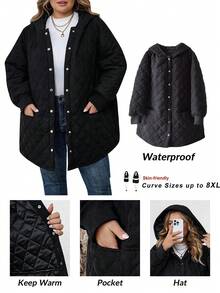 SHEIN CURVE+ 加大码灯芯绒绗缝连帽长袖口袋长款厚外套 - 黑色 - 查看 1