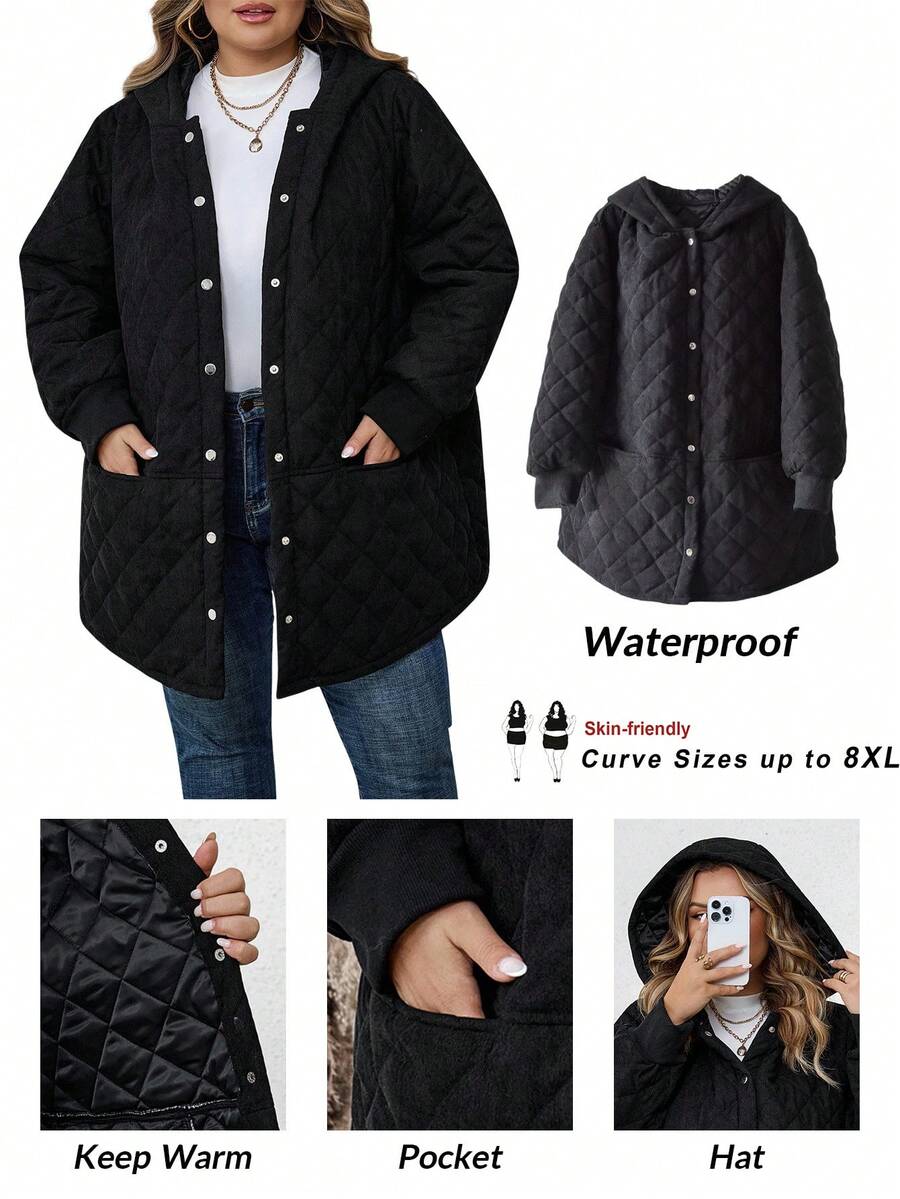 SHEIN CURVE+ 加大码灯芯绒绗缝连帽长袖口袋长款厚外套 - 黑色 - 查看 1