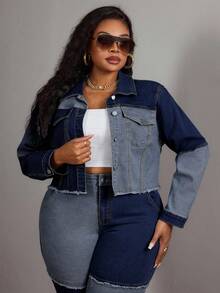 Slaydiva Plus Size Women Cowgirl Blue Denim Patchwork Elastic Short Jacket, Rodeo - Dark Wash - View 5