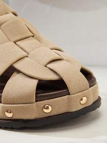 SHUZIA 女士复古罗马风格编织平底套脚木屐 - 米色 - 查看 5