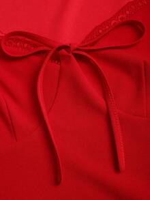 Sweetra Váy cổ tim thắt nút phía trước tay áo bèo nhún viền Godet - Đỏ - Xem 6