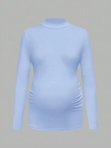 Modmama Maternity Solid Color Stand Collar Long Sleeve Pleated Casual Versatile T-Shirt - Blue - View 4