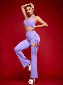 Menodora SHEIN Sport Menodora SHEIN Sport Women's Solid Color Elastic High Waist Drawstring Detail Flare Sports Pants - Purple - View 7