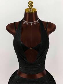 Amplova 女士性感简约纯色深V领露背露脐吊带上衣和抽绳褶皱短裤两件套，夏季 - 黑色 - 查看 7