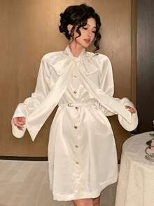 DAZY Elegant Solid Color Shirt Dress With Loose Tie Collar For Women - White - View 8