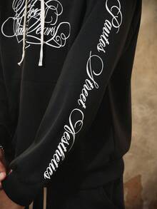 PAVTROS Bộ quần dài và áo hoodie in họa tiết tối giản dành cho nam, nam, rộng thùng thình, tốt nhất, bạn trai, mùa hè, kỳ nghỉ, Y2k, cổ điển, bạn bè, bộ đồ quần dài màu đen in họa tiết phong cách cổ điển cỡ lớn - màu đen - Xem 5