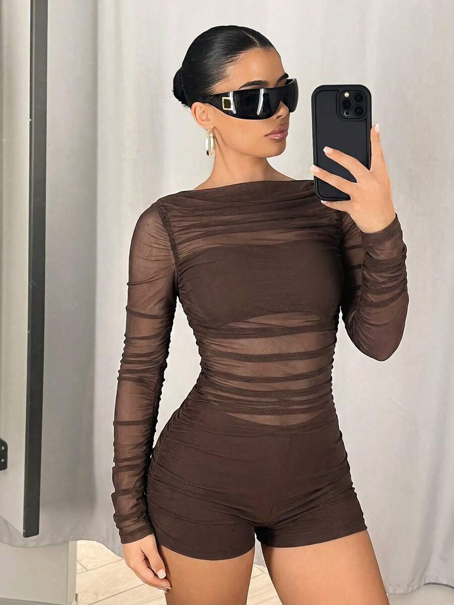 SHEIN ICON Body con mangas largas de malla con fruncidos y parches - Marrón - Ver 1