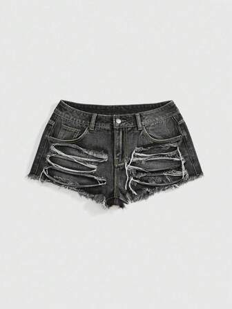 Grunge Punk Shorts di jeans a vita bassa con design asimmetrico e strappi, adatti per concerti