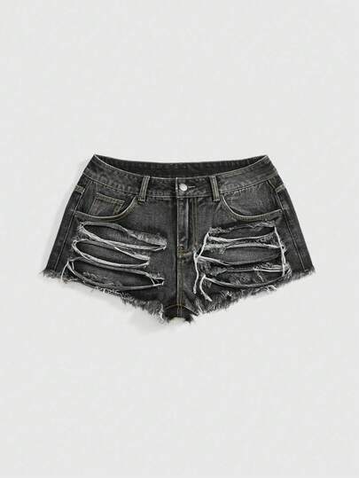 Grunge Punk شورتات جينز قصيرة منخفضة الخصر بتصميم ممزق غير متماثل للنساء للحفلات الموسيقية