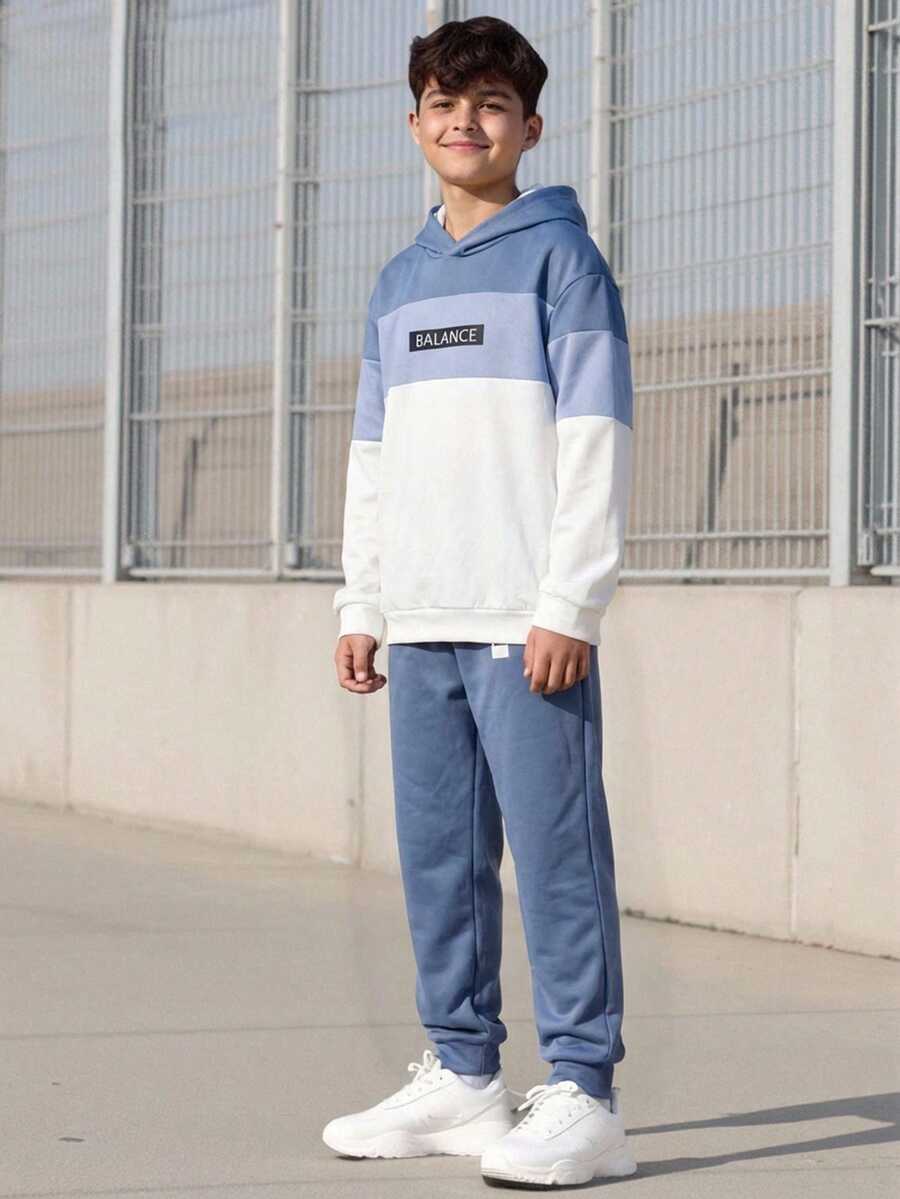 Vacaura 2 件套青少年男孩休闲运动服,包括 1 件色块设计连帽运动衫和 1 条抽绳腰部慢跑裤,均采用“BALANCE”图案印花,简约风格 - 霧霾藍 - 查看 1