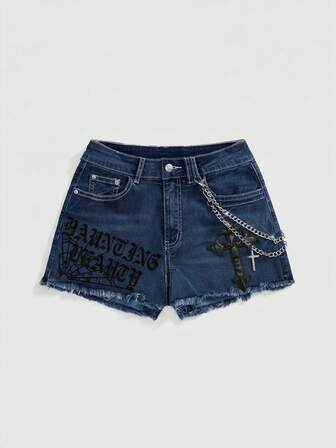 Grunge Punk Damen Denim-Shorts in Große Größen mit Taschen, Knöpfen, Kreuz-Stickerei und ausgefranstem Saum, vielseitig einsetzbar und modisch