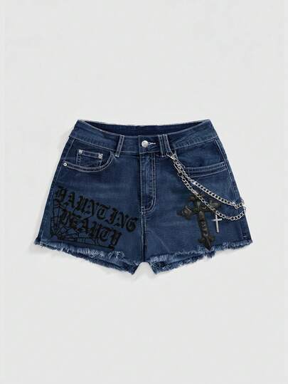 Grunge Punk Short en jean grande taille pour femme, poches, boutons, broderie croisée, ourlet effiloché, à la mode et polyvalent