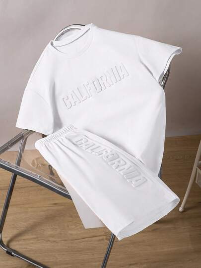 Mirajuku 2pcs Teenage Boys' Turquoise Casual Vacation Fashion Sports Short Sleeve T-Shirt And Shorts Set, 3D Letter Print Minimalist Sports Outfit, Summer