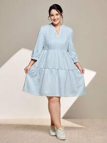 Momelise Váy kẻ sọc dài tay thường ngày cỡ lớn dành cho nữ, thích hợp mặc vào mùa xuân, mùa hè, mùa thu, đi làm thường ngày, đi chơi nông thôn, mặc ở nhà - Màu xanh lam - Xem 4