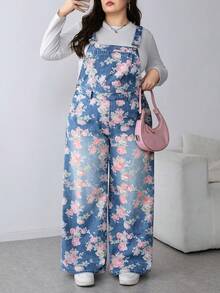 SHEIN CURVE+ Áo liền quần yếm dáng rộng in hoa, có túi, đa năng, thích hợp cho mùa xuân hè, ngày lễ tình nhân, lễ hội, đi làm, nghỉ mát, tốt nghiệp, phong cách Y2K, dễ thương, thời trang đường phố, dự tiệc, đám cưới, thanh lịch, công sở, thường ngày, dành cho phụ nữ có thân hình đầy đặn. Áo liền quần denim dáng rộng in hoa có túi dành cho nữ. - Màu xanh lam - Xem 7