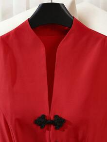 SHEIN Franclia 女士优雅缺角领纽扣腰身喇叭下摆连衣裙，夏季 - 紅色 - 查看 4