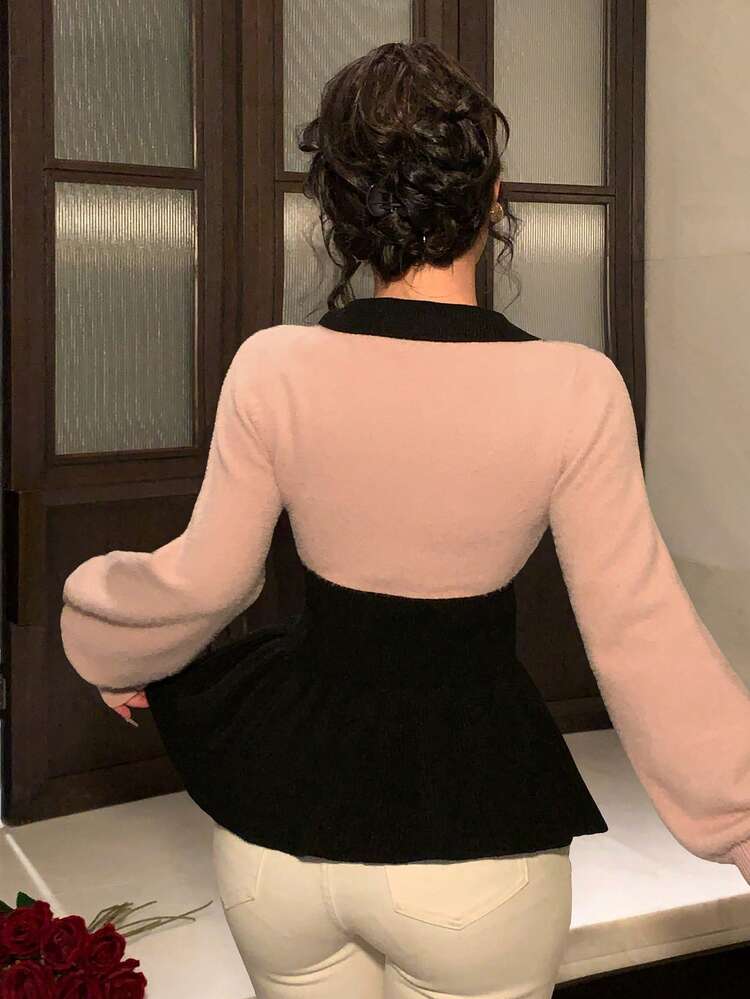 Women's Elegant Contrast Color Patchwork V-Neck Ruffle Hem Sweater, Autumn/Winter