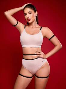 Menodora SHEIN Sport 女士撞色文胸和短裤，其他舞蹈服塑身衣，紧身胸衣塑形服，运动文胸和内裤套装，性感内衣套装，可调节肩带内衣，女士内衣套装，浅粉色内衣，女士钢管舞服，运动服 - 卡其色 - 查看 6