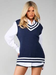 MISSGUIDED Preppy Navy V-Neck Sleeveless Knitted Sweater Vest Dress With White Stripe Details Layering Mini Fall Winter Academia Style - Blue and White - View 3