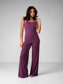 MISSGUIDED Ribbed Knit Wide Leg Pajama Lounge Pants High Rise Elastic Waist Sleep Bottoms Comfortable Relaxed Fit Sleepwear Trousers - Burgundy - View 1