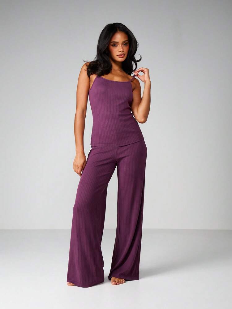 MISSGUIDED Gerippte Strick Weite Bein Pyjama Loungehose mit hoher Taille, elastischem Bund, bequeme, locker sitzende Schlafanzughose