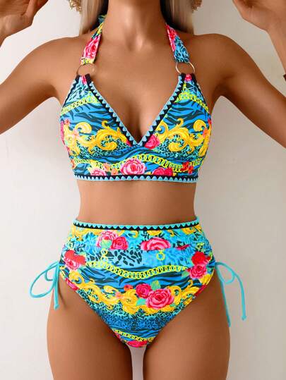 Costavie 2pcs/Set Sexy High Waist Floral Halter Elegant Bikini Swimsuit, European & American Style For Summer Beach