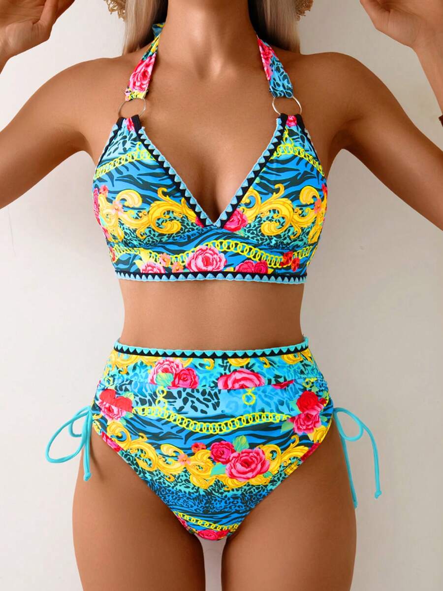 SHEIN Swim 两件套性感高腰花卉吊带优雅比基尼泳装，欧美风格，适合夏季海滩穿着 - 彩色 - 查看 1