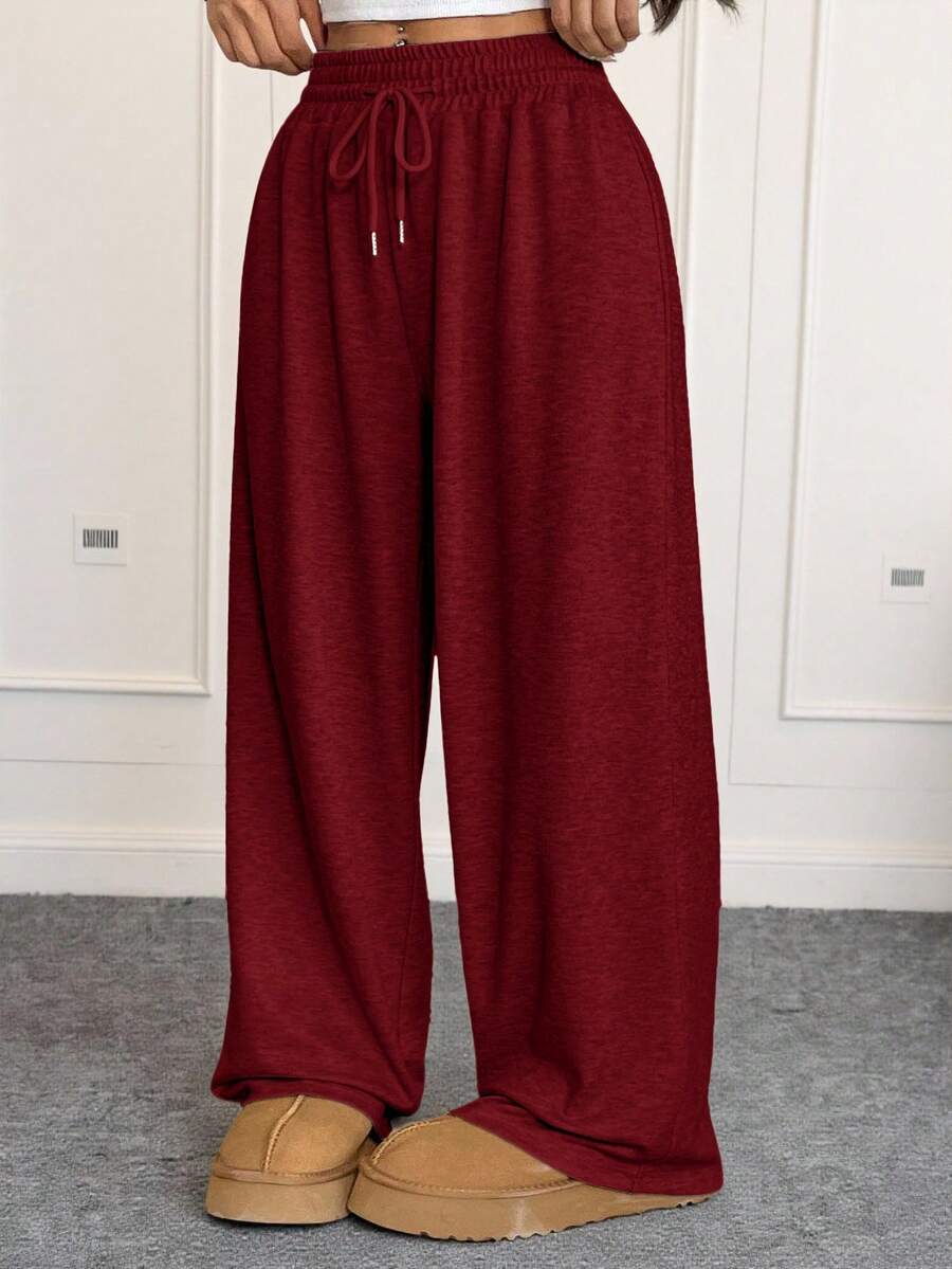 SHEIN EZwear 加大码红色抽绳腰休闲宽松阔腿运动裤 - 紅色 - 查看 1