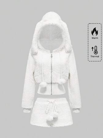 Kawaii Ensemble 2 pièces pour femmes composé d'un sweat-shirt à capuche avec oreilles de lapin en dentelle et patchwork peluche, et de shorts moelleux pour l'automne/hiver