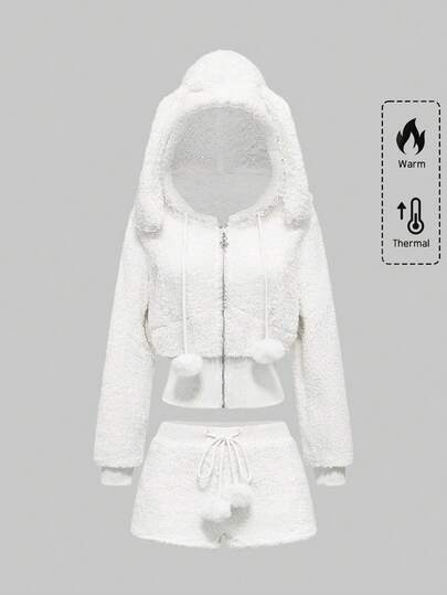 ROMWE Autumn/Winter Kawaii Lace & Plush Patchwork Rabbit Ear Hoodie And Fluffy Shorts 2 Pieces Set For Women