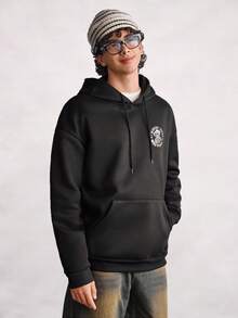 Open Phase 男士街头风格线条骷髅图案休闲连帽卫衣，秋冬 - 黑色 - 查看 5