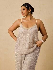 Freevana Plus Size Women Contrast Lace Sequin Camisole - Apricot - View 4