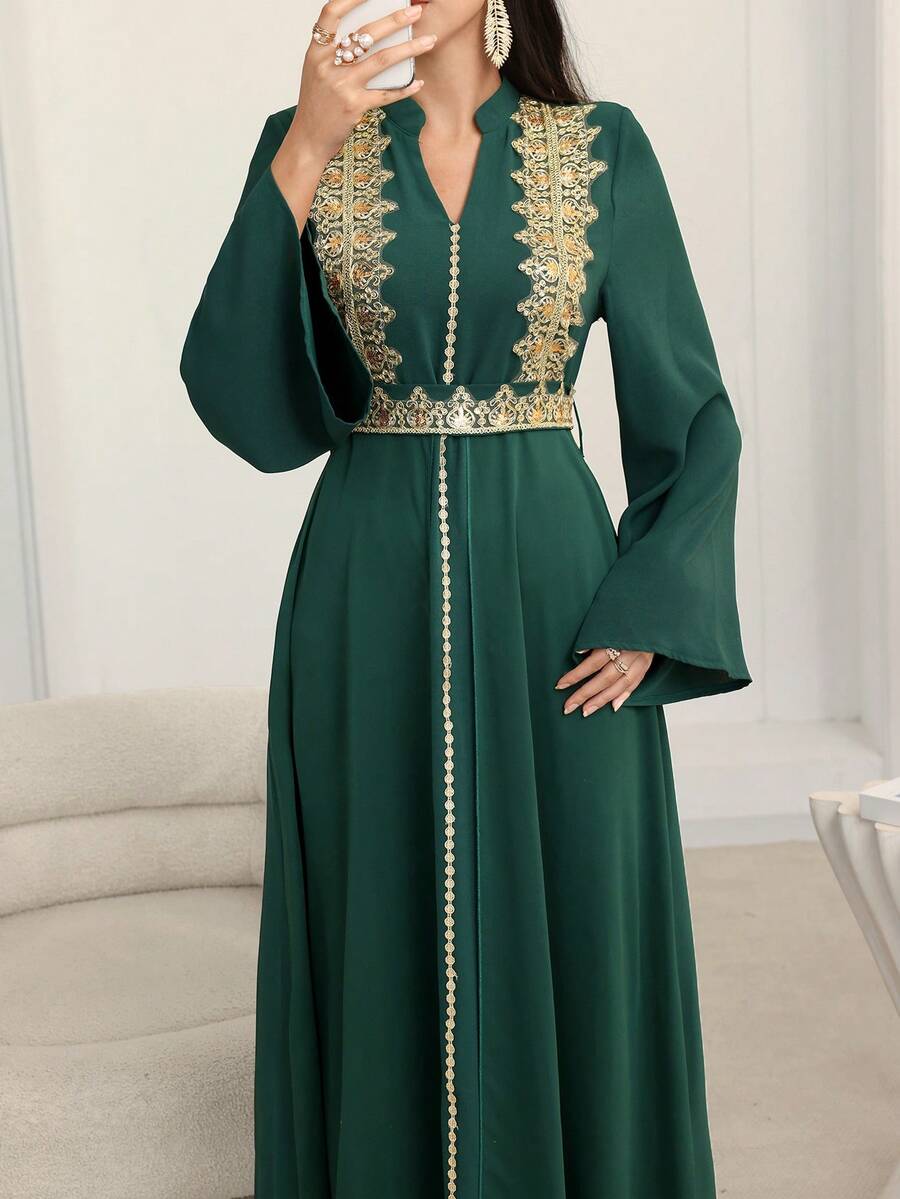 Al Najma 女士刺绣优雅长袖土耳其和阿拉伯传统女式长裙 - 墨綠色 - 查看 1