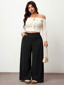 Enliva 秋冬大码简约休闲纯色斜口袋直筒西装裤 - 黑色 - 查看 7