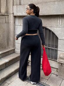 SHEIN EZwear 大码女式骑士刺绣长袖T恤和阔腿裤休闲两件套 - 黑色 - 查看 2