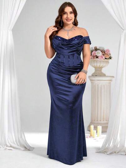 Coutiva Vestido de noche formal de talla grande para mujer con lentejuelas, parches, hombros descubiertos, pliegues y dobladillo de sirena