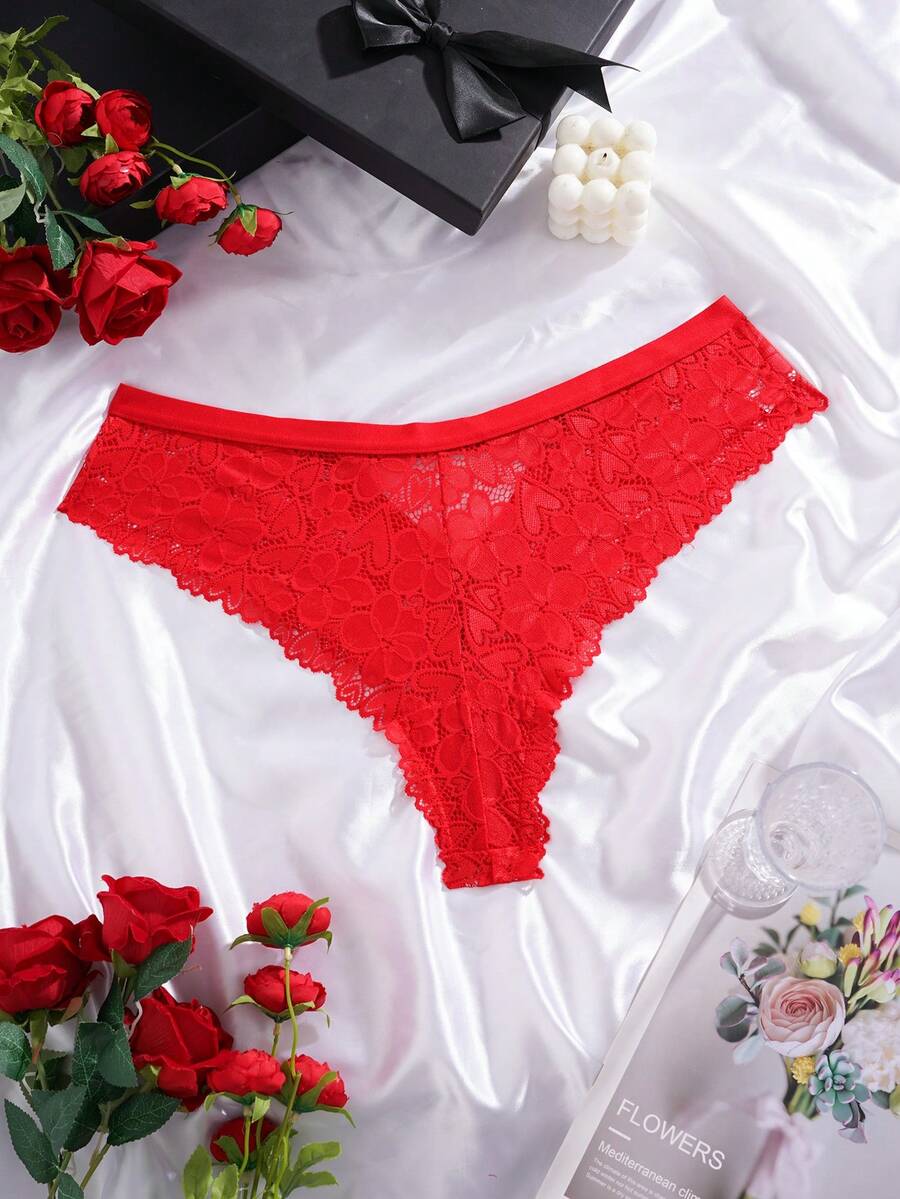 SHEIN Plus Size Rhinestone Letter Lace Panties, Valentine's Day Style - Red - View 1