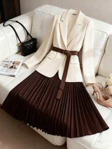 Franclia Women's Elegant Casual Contrast Color Pleated Satin Skirt Suit Blazer Skirt Set Pleated Skirt Set Blazer Set Women 2 Pieces Sets Woman Skirt - Brown - View 3