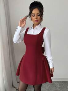 SHEIN Raffinéa 女士红色蝴蝶结装饰连衣裙，冬季新年 - 酒紅色 - 查看 5