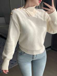 DAZY Suéter elegante de mujer de unicolor con cuello asimétrico, otoño/invierno - Beis - Ver 1