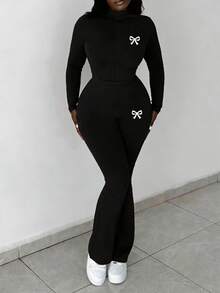 Slaydiva Women's 2pcs Casual Basic High-Stretch Slim Fit Long Sleeve Zipper Top And Pants Set/Black Set/Spring And Summer/Y2K/Going Outfit/Bow Graphic