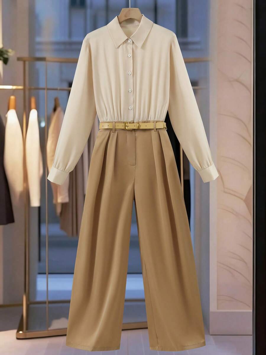 SHEIN Franclia قميص ذو ياقة مرتفعة من الساتان الأنيق وبدلة طويلة للنساء - متعدد الألوان - مشاهدة 1