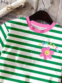 SHEIN Leap Crew Tween Girls' Casual Cute Cartoon Face & Floral Striped Short Sleeve Crew Neck T-Shirt, Suitable For Summer - Multicolor - View 5